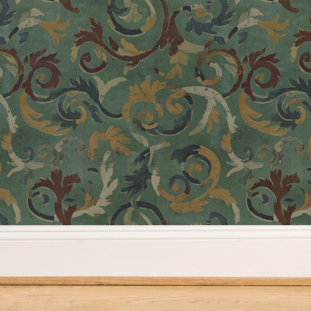 Fine weave detail of the grass cloth texture on the green 3rd Century Roman Bath Tile II wallpaper.