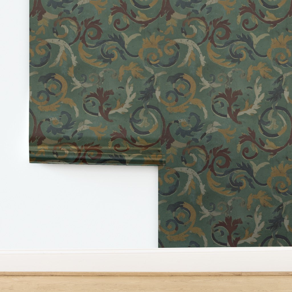 Luminous metallic finish on the 3rd Century Roman Bath Tile II green wallpaper, showing pearlescent reflection.