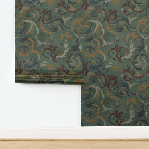 Luminous metallic finish on the 3rd Century Roman Bath Tile II green wallpaper, showing pearlescent reflection.