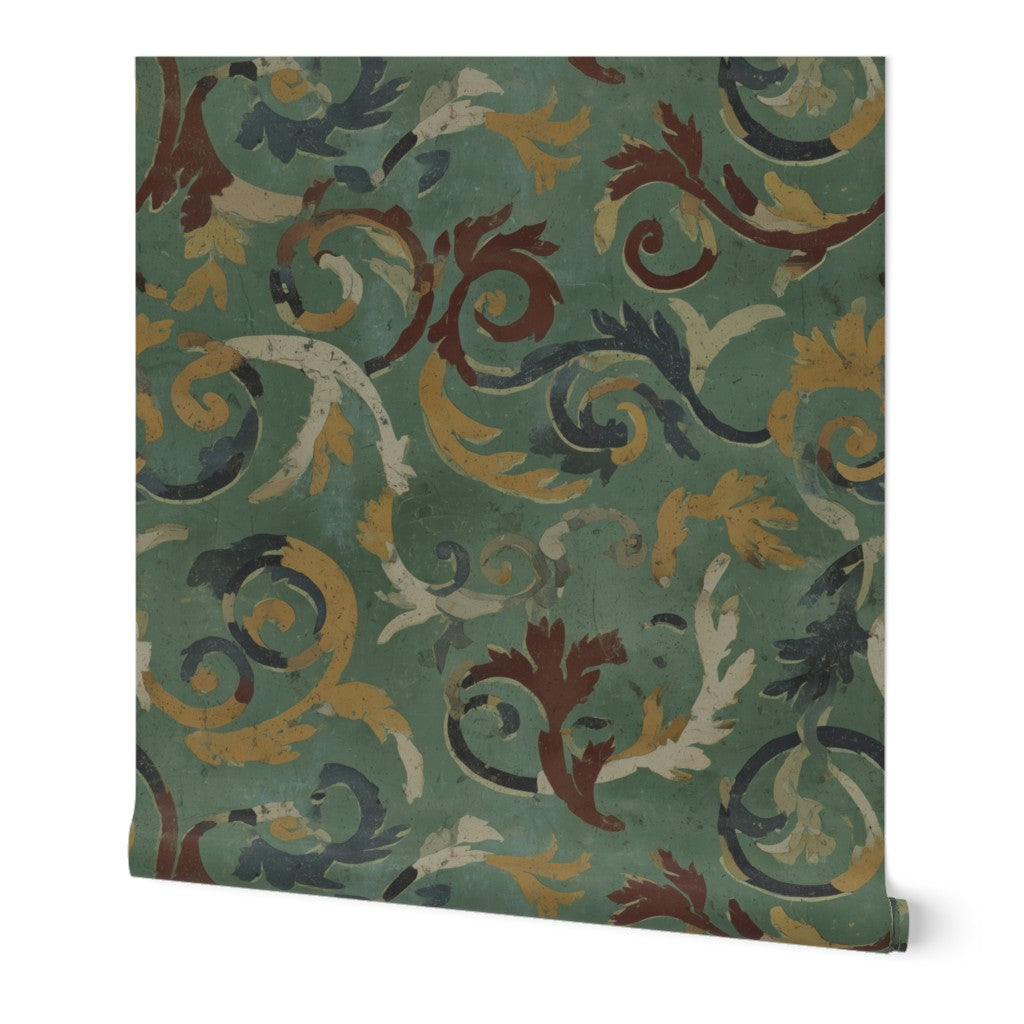 Detail of 3rd Century Roman Bath Tile II wallpaper in green, printed on premium non-pasted matte paper.