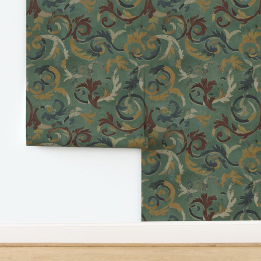 Close-up of the non-pasted matte finish on the 3rd Century Roman Bath Tile II green wallpaper.