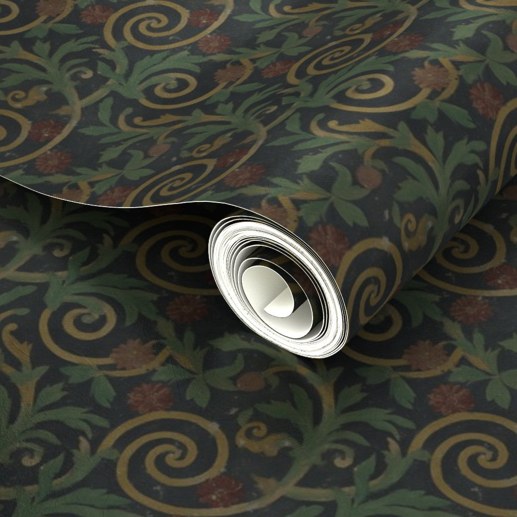 Close-up of the subtle luster on the metallic green Roman bath tile wallpaper