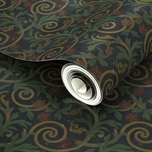 Close-up of the subtle luster on the metallic green Roman bath tile wallpaper