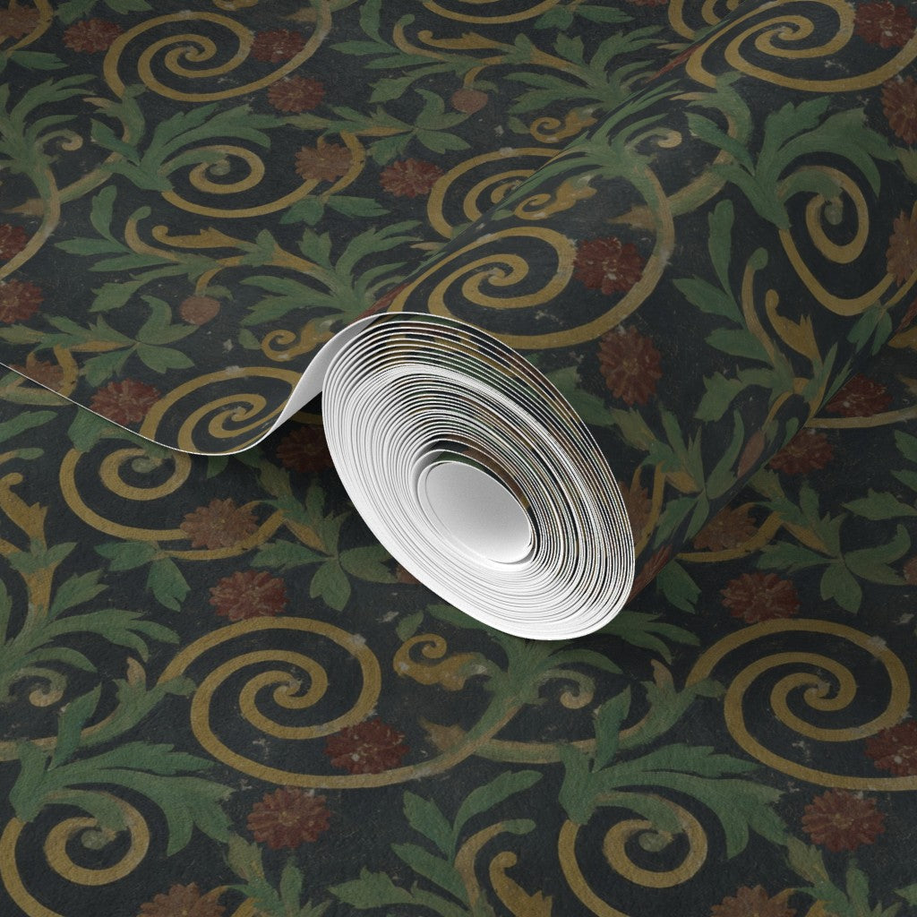 Alternate view showing the distressed antique mosaic details of the matte non-pasted wallpaper