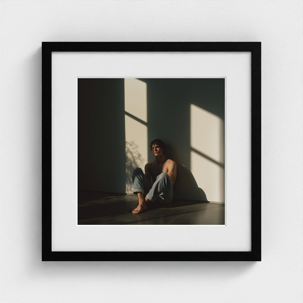 A 16x16 fine art print of a male figurative portrait in a minimal black frame.