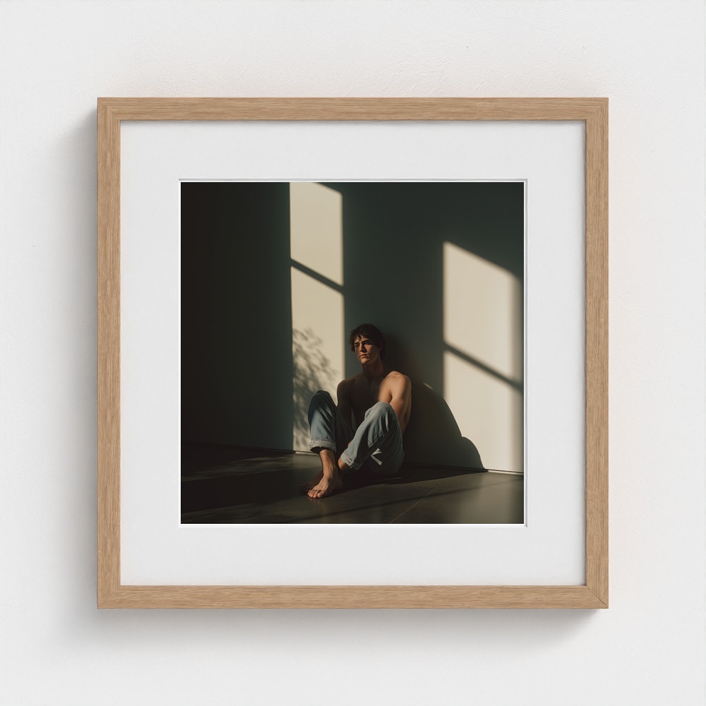 A 16x16 male portrait art print showcasing soft window light in a natural oak frame.