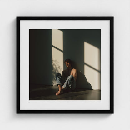 A 20x20 male portrait art print in a black frame, showcasing subtle shadows and neutral tones.