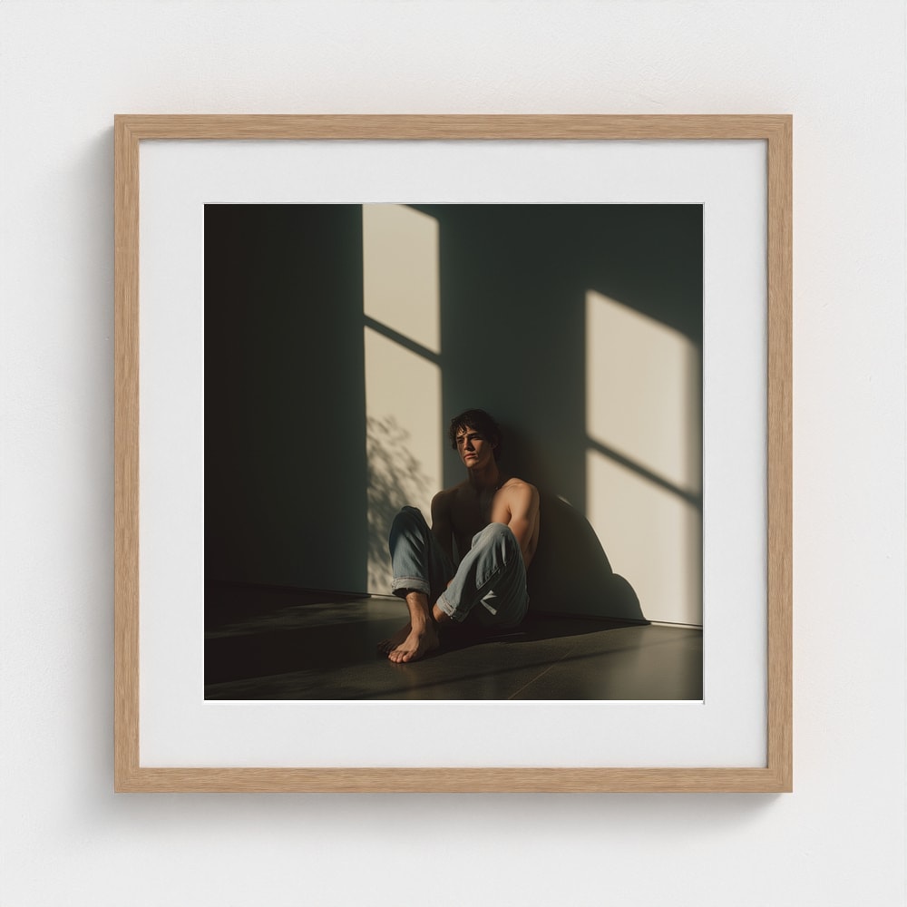 A 20x20 square print of a contemplative male figure in a natural wood frame.