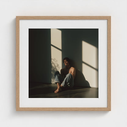 A 20x20 square print of a contemplative male figure in a natural wood frame.