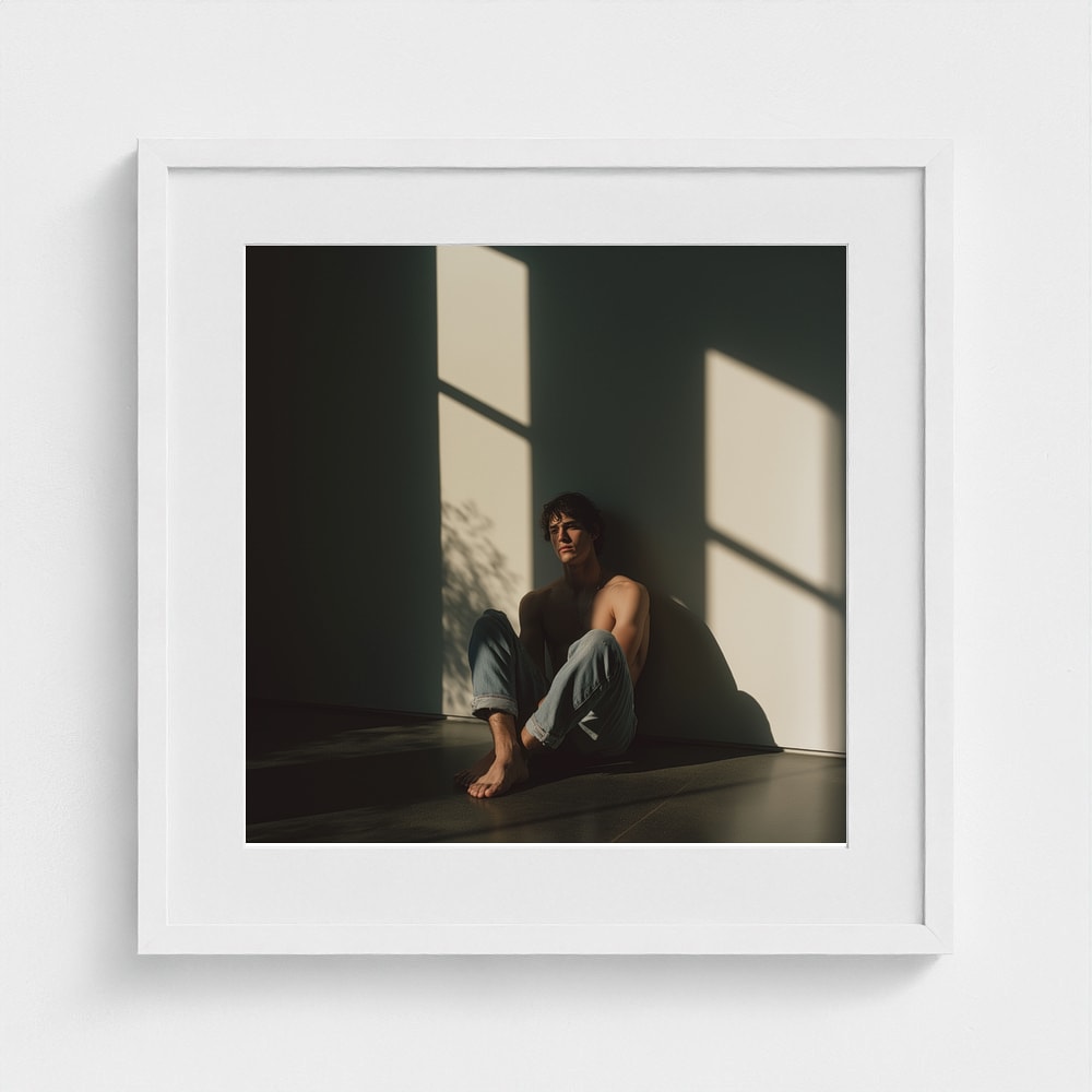 A 20x20 square fine art print of a male figure in soft light, displayed in a white frame.