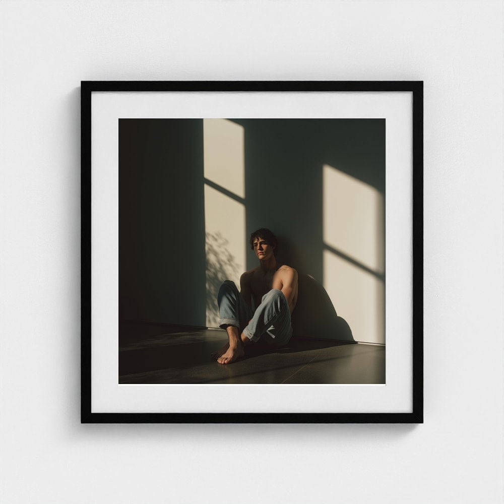A 24x24 contemplative male portrait print in a classic black frame, showcasing shadows and muted tones.