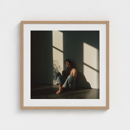 A 24x24 figurative art print of a male subject in a natural oak frame.