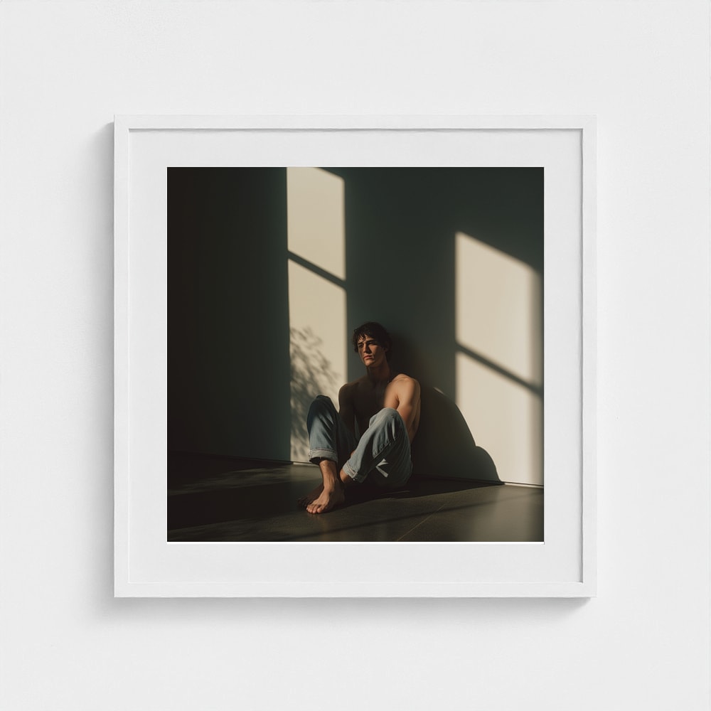 A 24x24 fine art print of a contemplative male figure in window light, framed in white.