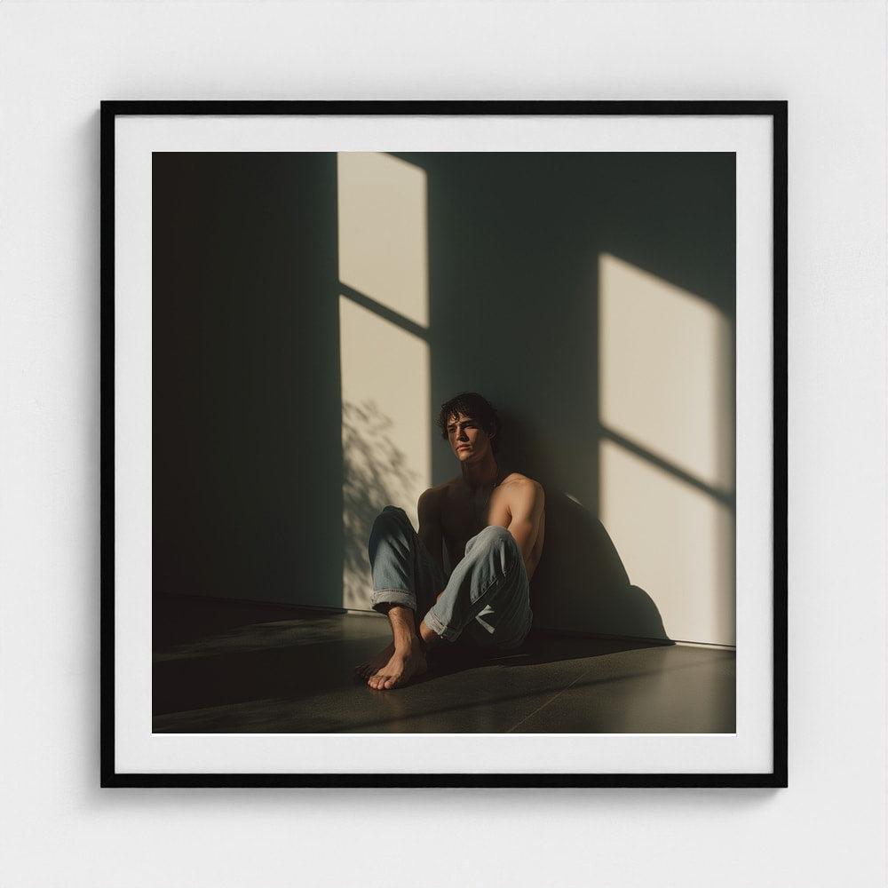 Contemplative male portrait art print in a 36x36 black frame, styled on a contemporary gallery wall.