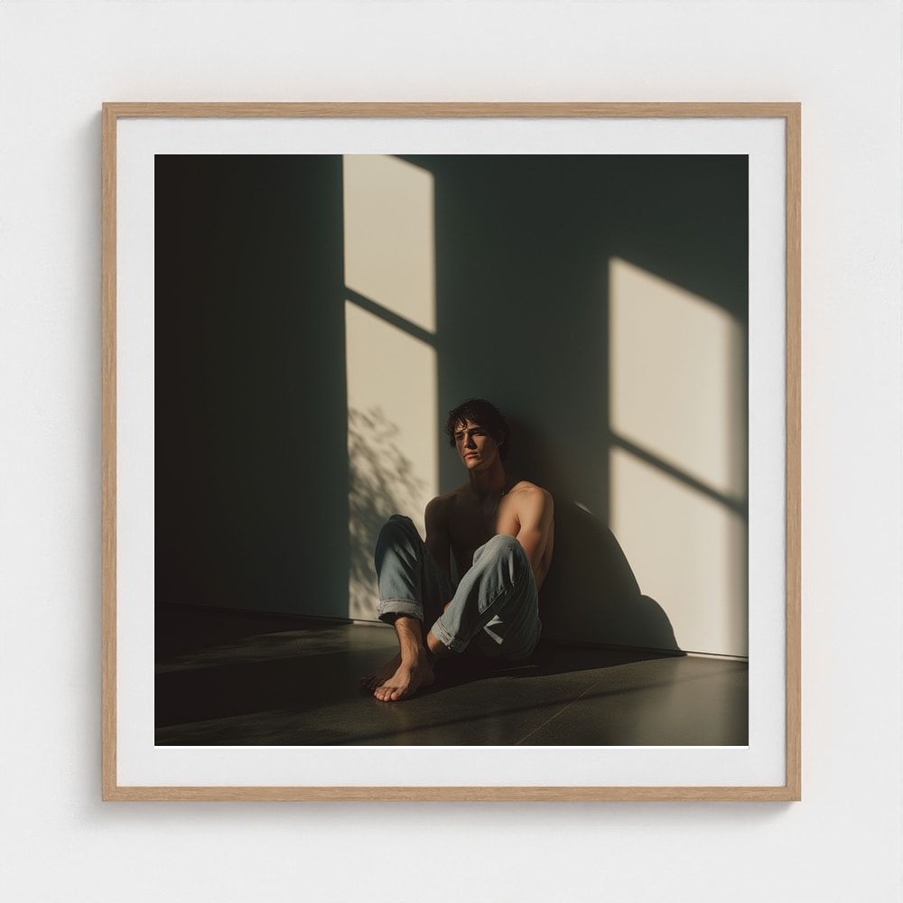 A large 36x36 male portrait art print with delicate shadow details in a natural wood frame.
