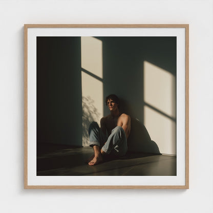 A large 36x36 male portrait art print with delicate shadow details in a natural wood frame.