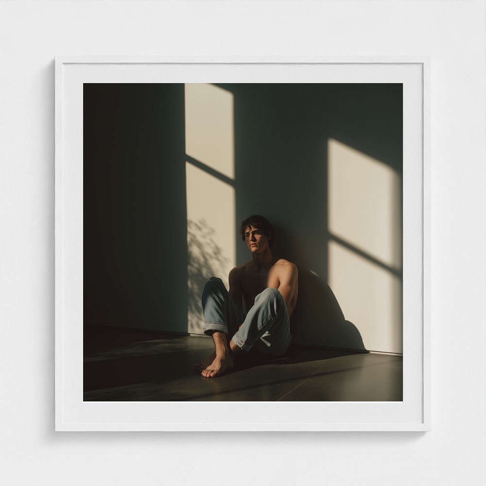 A large 36x36 square contemporary male portrait art print elegantly finished in a white frame.