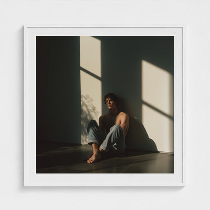 A large 36x36 square contemporary male portrait art print elegantly finished in a white frame.