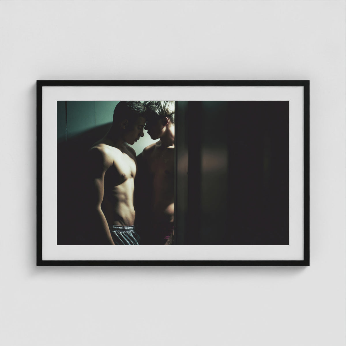 Intimate Portrait of Two Men in Shadowed Light 36x24 Black Box Frame Mockup