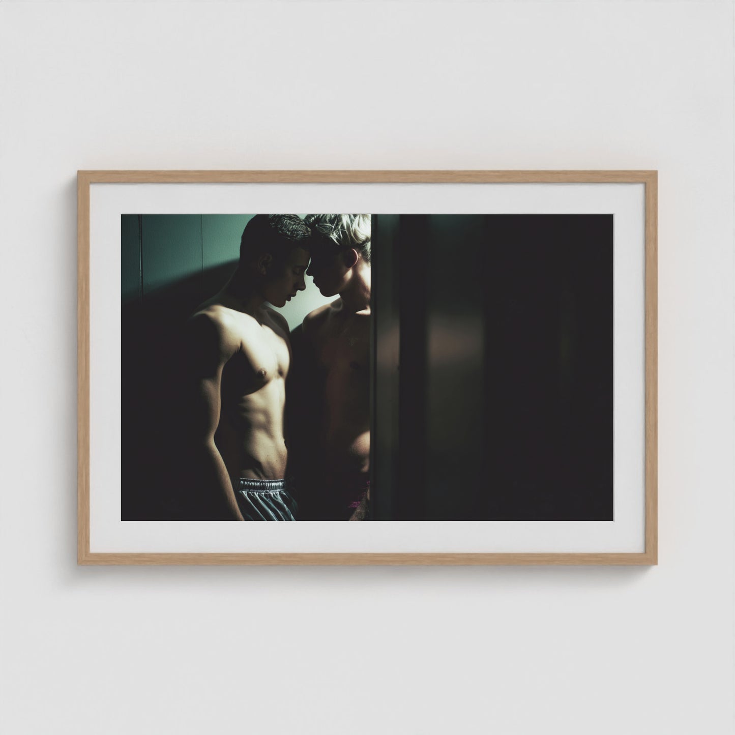 Intimate Portrait of Two Men in Shadowed Light 36x24 Natural Box Frame Mockup