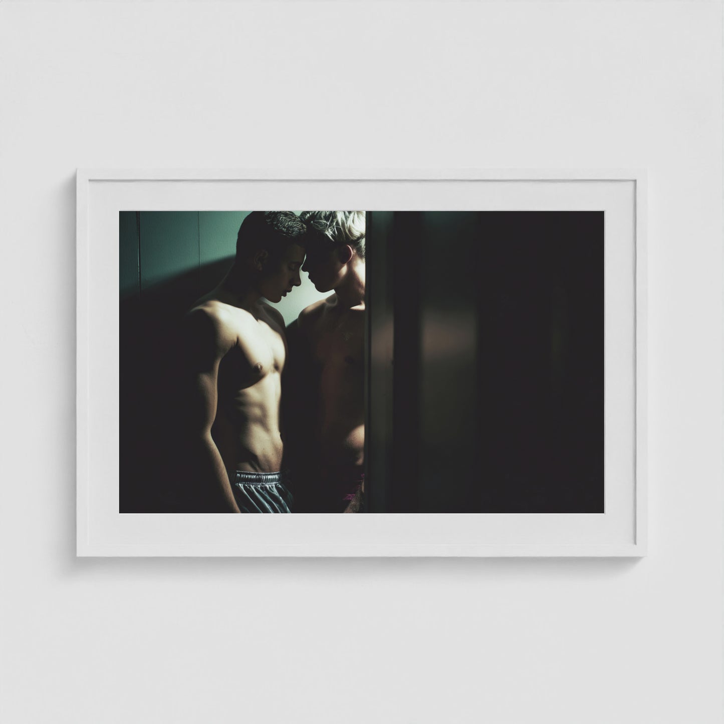 Intimate Portrait of Two Men in Shadowed Light 36x24 White Box Frame Mockup