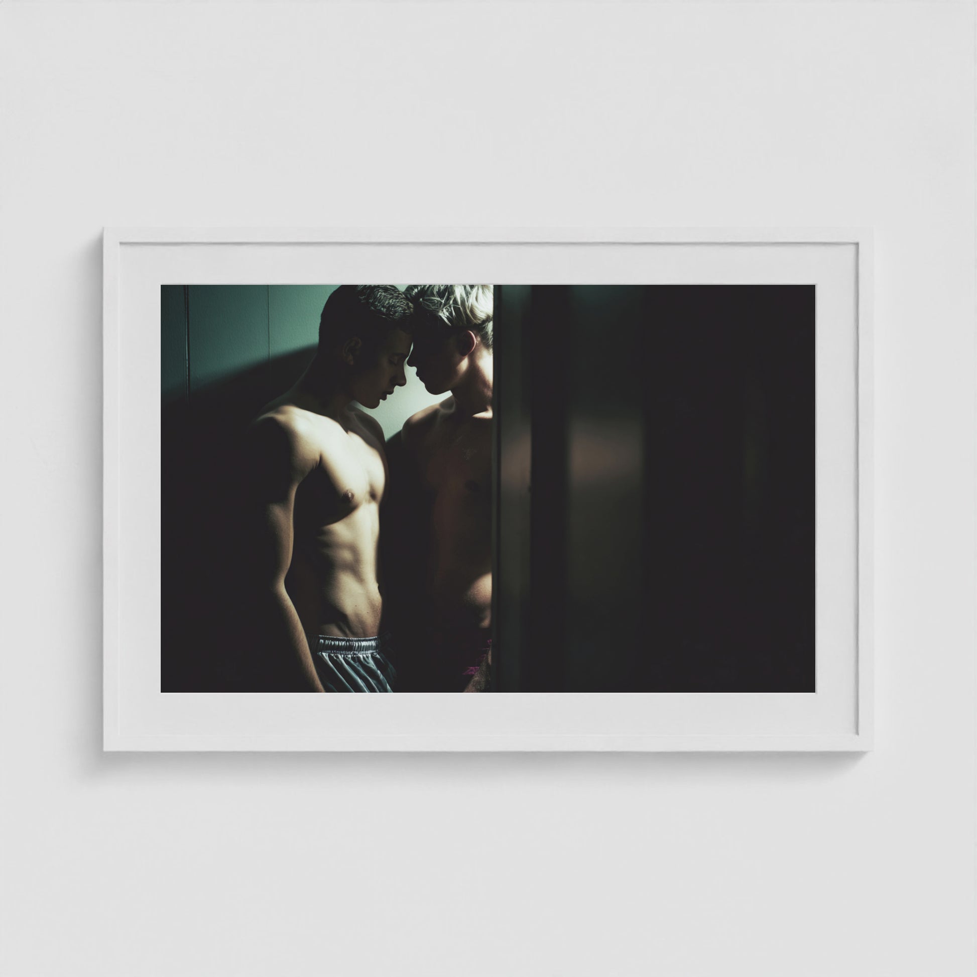 Intimate Portrait of Two Men in Shadowed Light 36x24 White Box Frame Mockup
