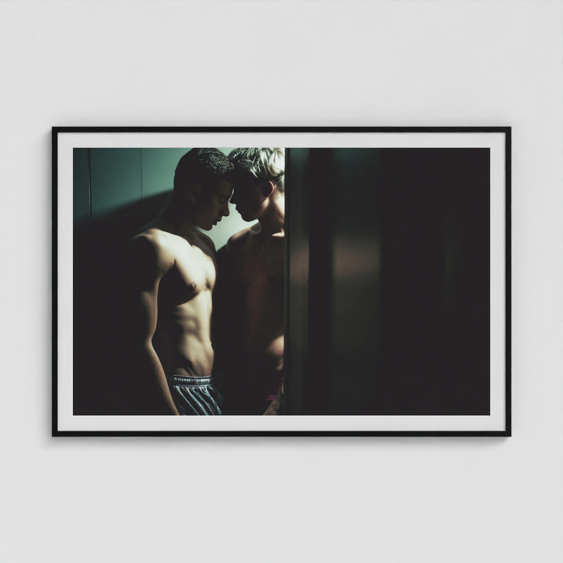Intimate Portrait of Two Men in Shadowed Light 60x40 Black Box Frame Mockup