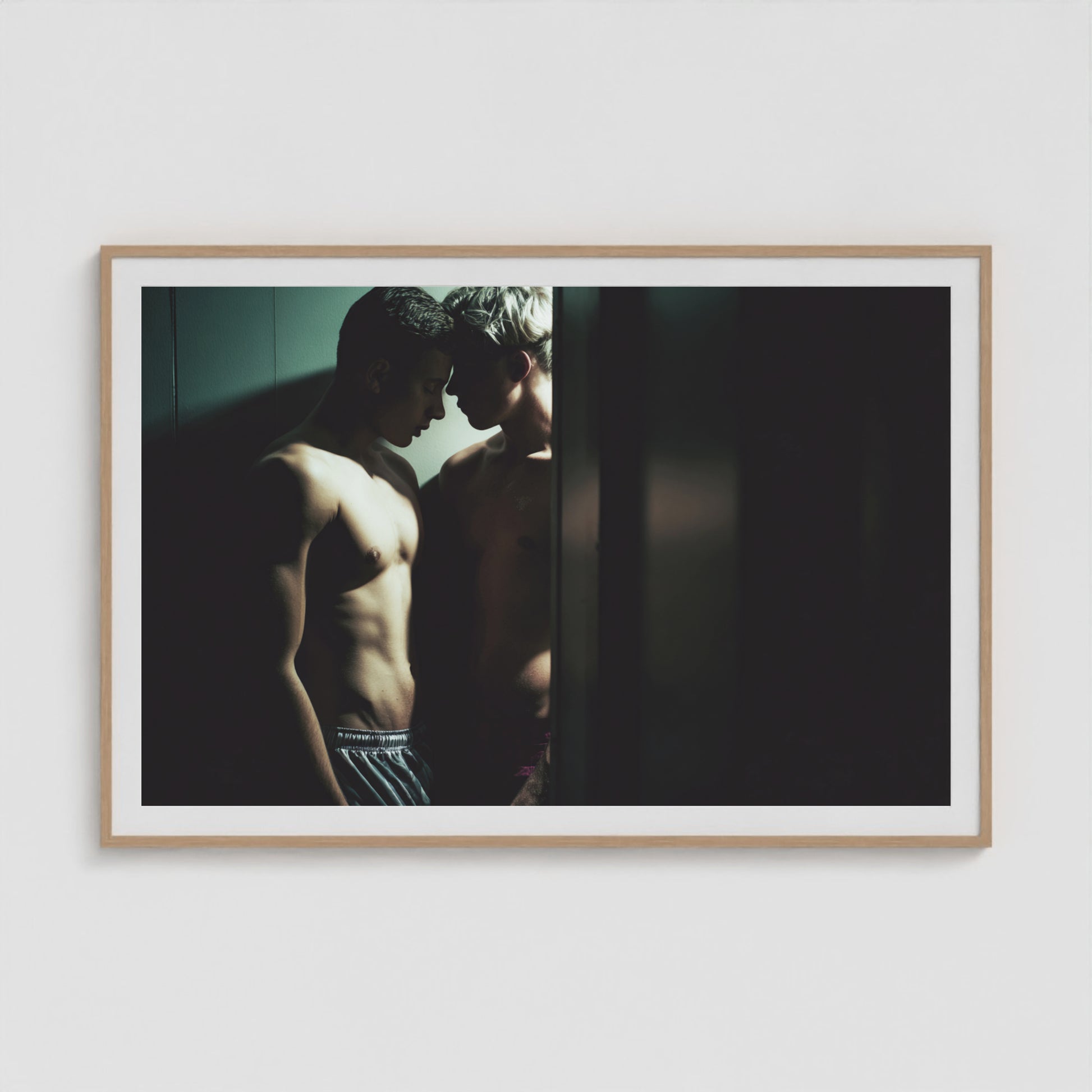 Intimate Portrait of Two Men in Shadowed Light 60x40 Natural Box Frame Mockup