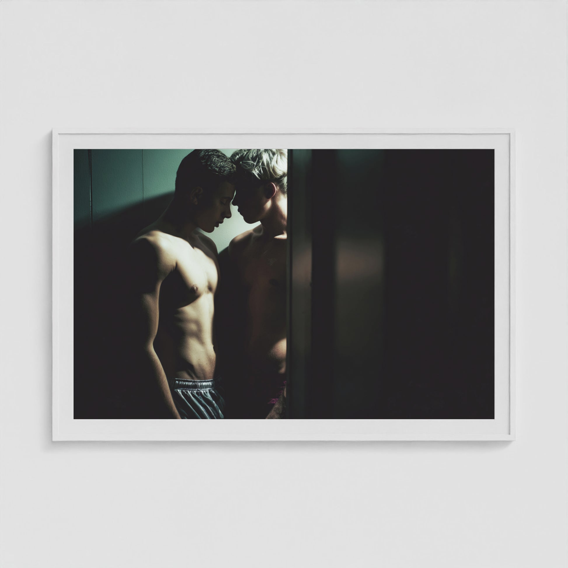 Intimate Portrait of Two Men in Shadowed Light 60x40 White Box Frame Mockup