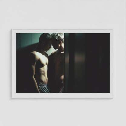 Intimate Portrait of Two Men in Shadowed Light 60x40 White Box Frame Mockup