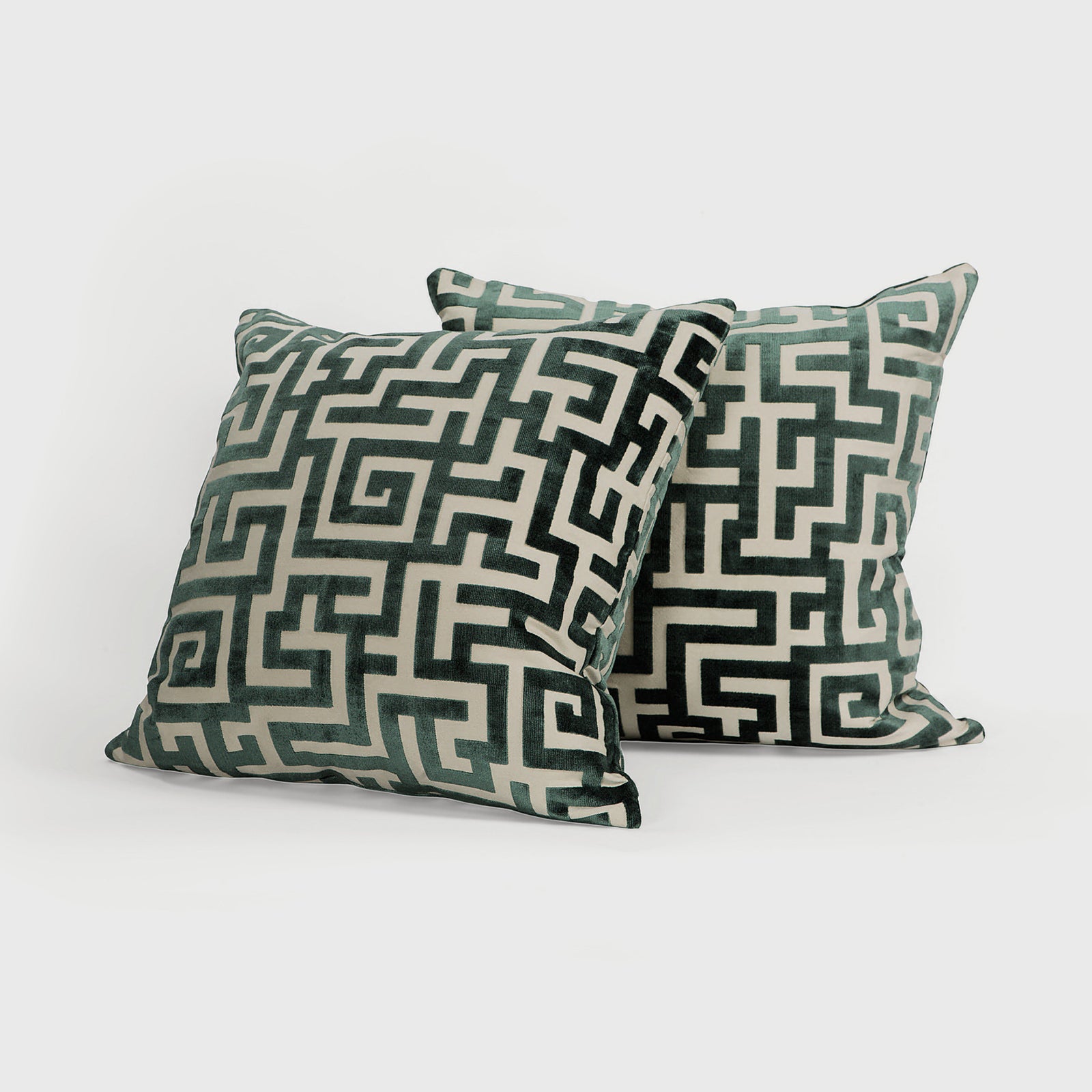 Product shot of Green Maze Velvet Pillows Pair – Masculine Fine Art | Provenance & Patina