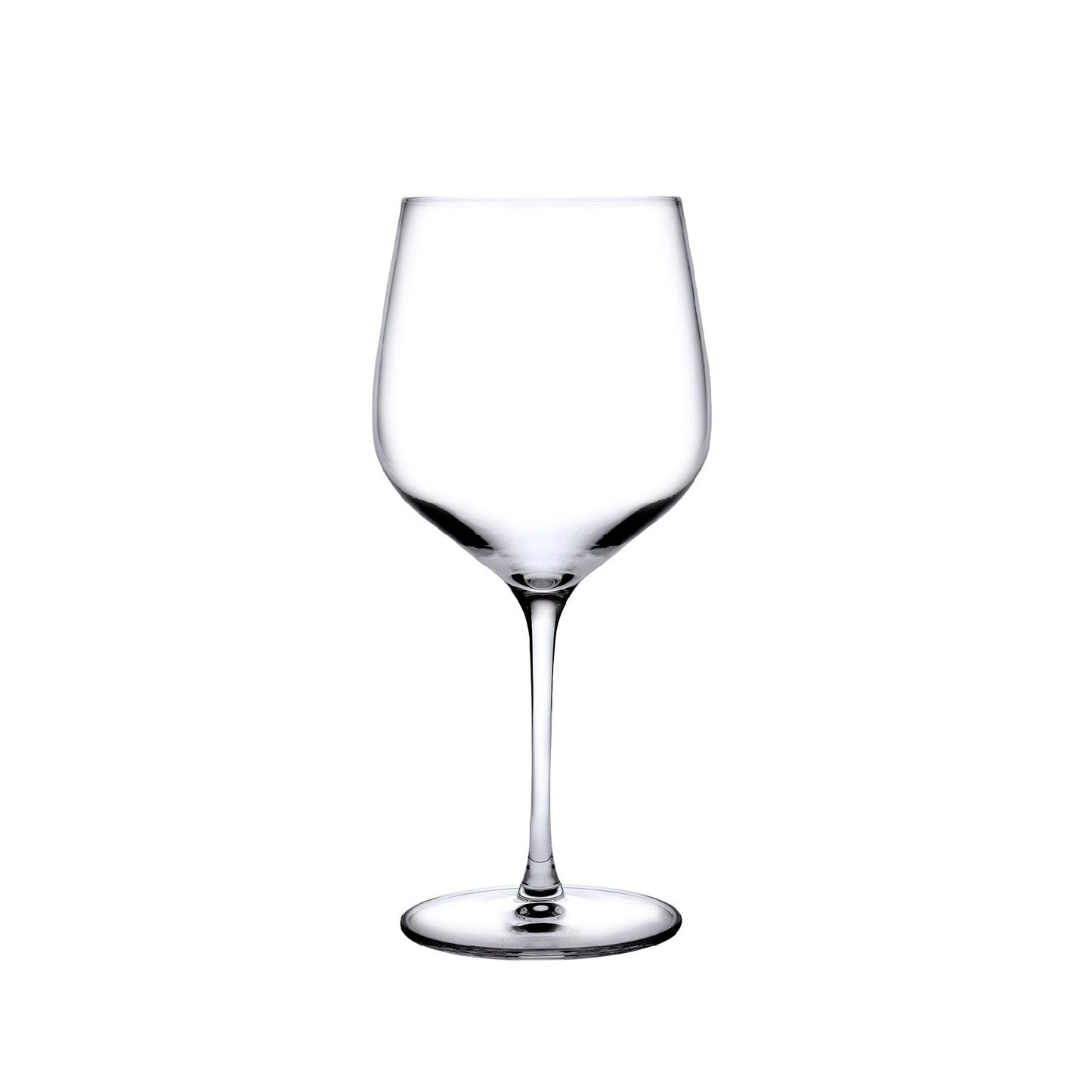 Set of two NUDE Glass Refine crystal burgundy wine glasses displayed side-by-side.