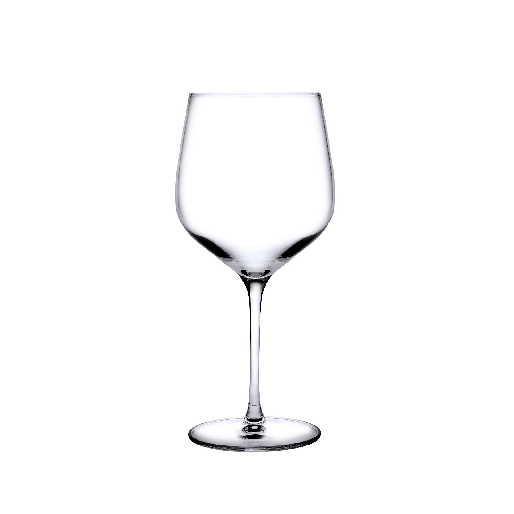 Set of two NUDE Glass Refine crystal burgundy wine glasses displayed side-by-side.