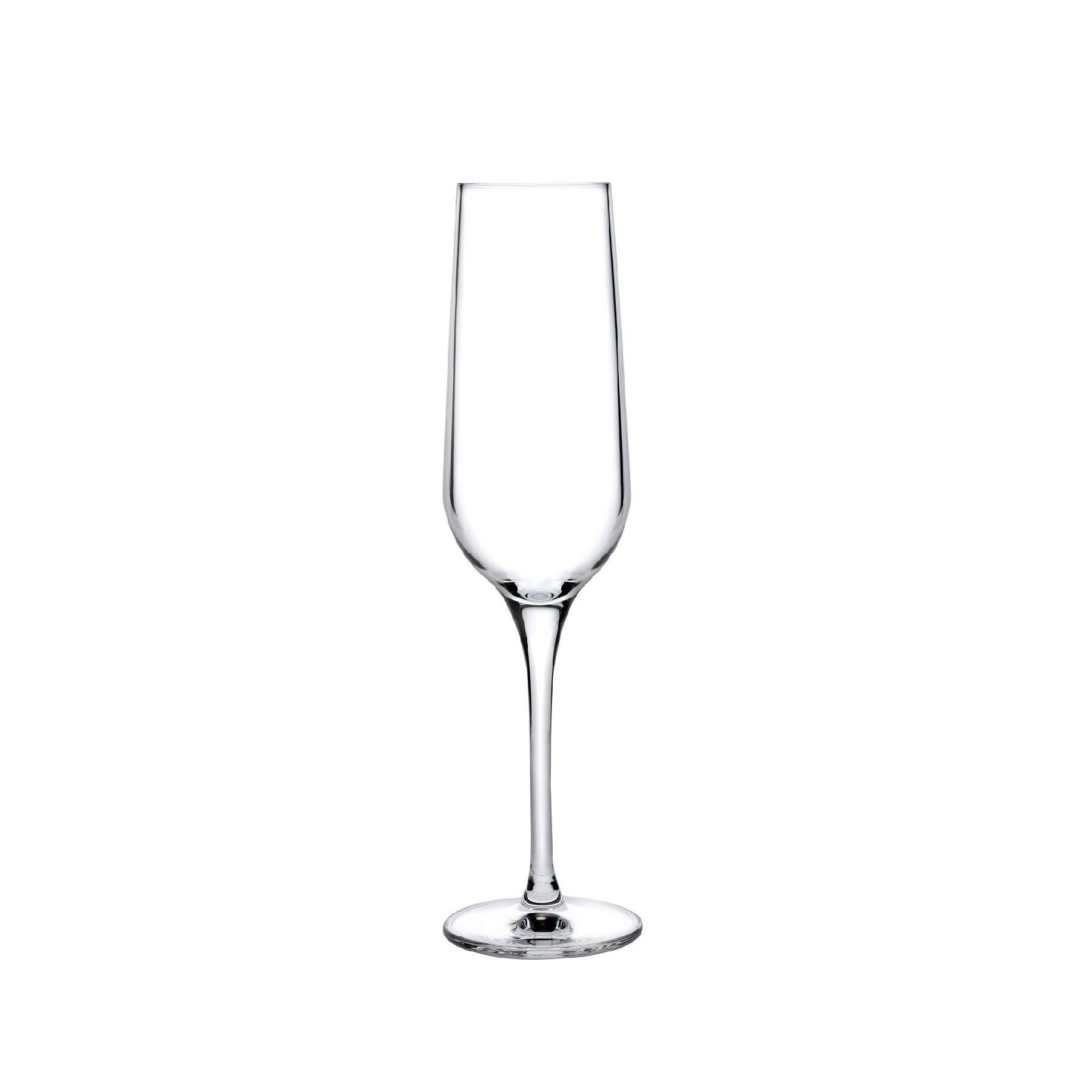 Set of two NUDE Glass Refine crystal champagne glasses showcasing their slender stems and elegant bowls.