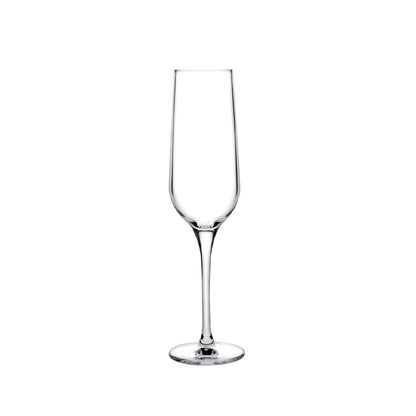 Set of two NUDE Glass Refine crystal champagne glasses showcasing their slender stems and elegant bowls.