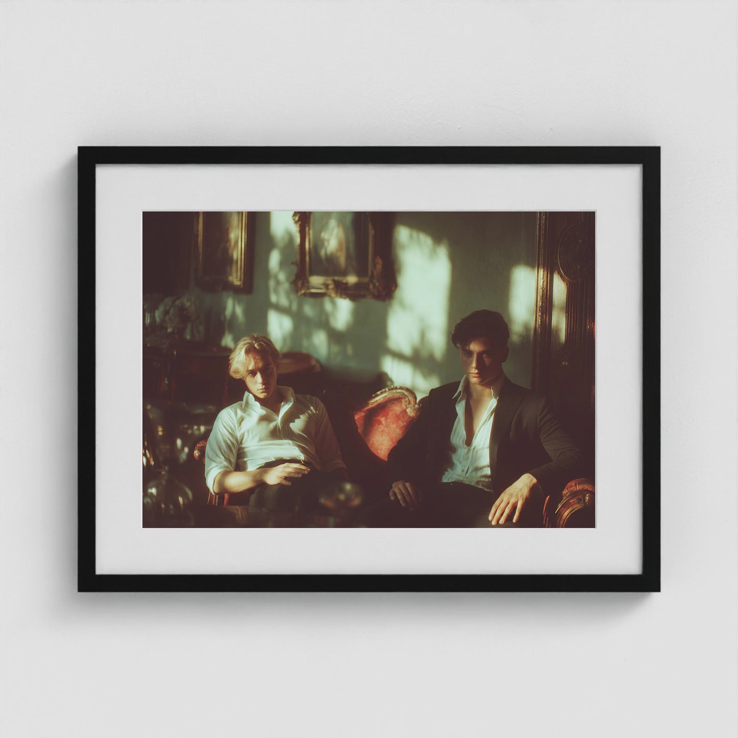 Lads on a Red Sofa 24x18 Black Landscape Box Frame
