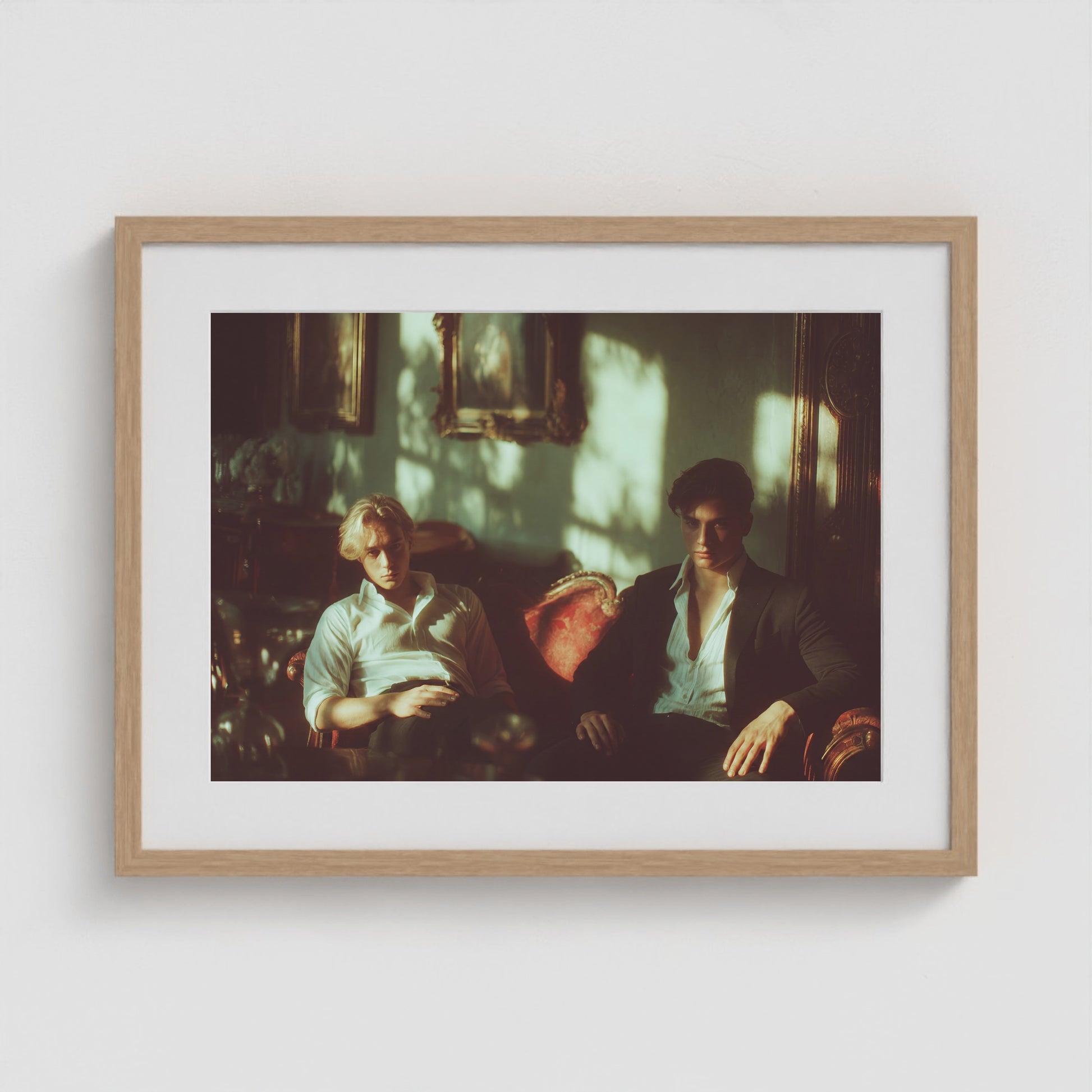 Lads on a Red Sofa 24x18 Natural Landscape Box Frame