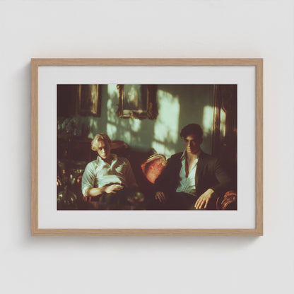 Lads on a Red Sofa 24x18 Natural Landscape Box Frame