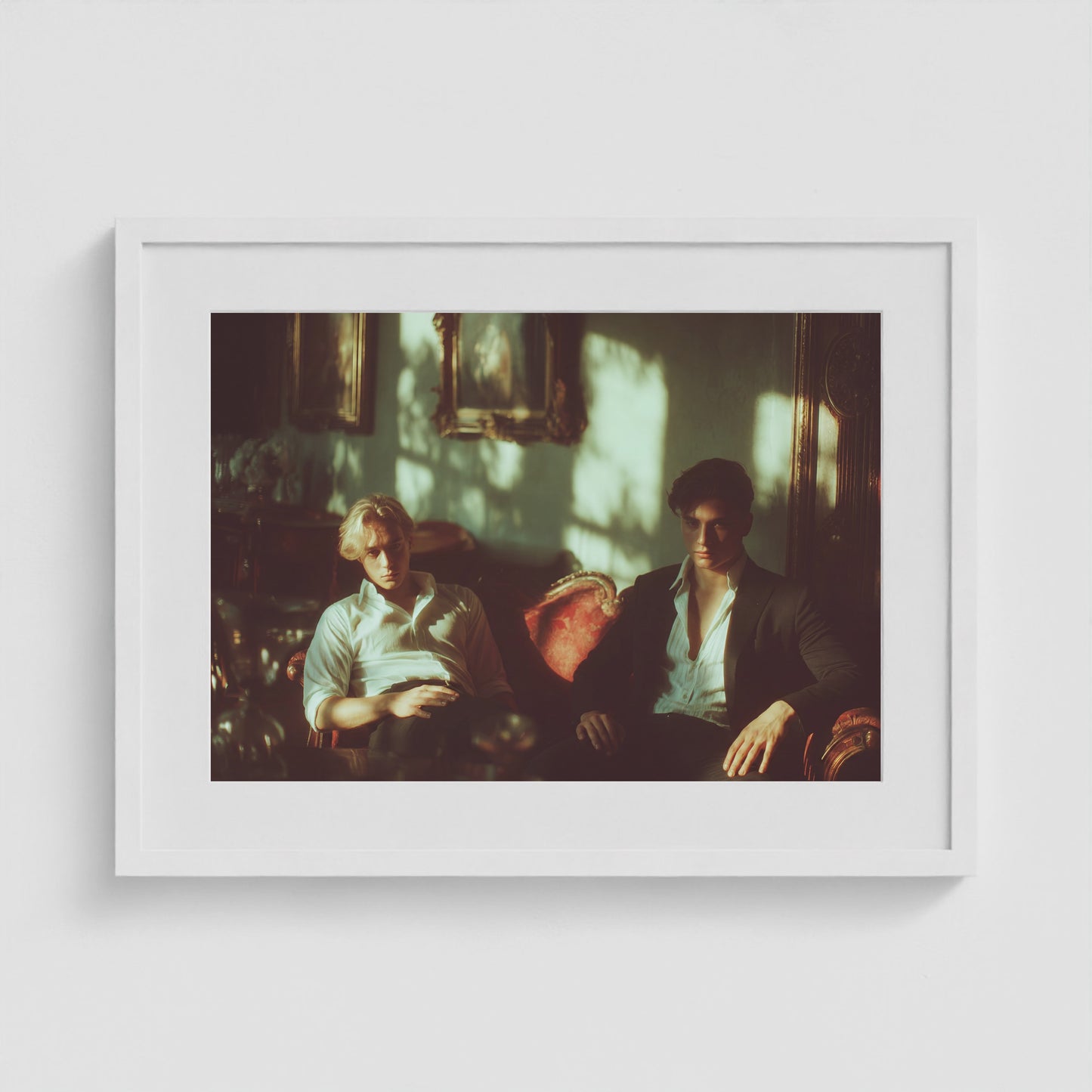 Lads on a Red Sofa 24x18 White Landscape Box Frame