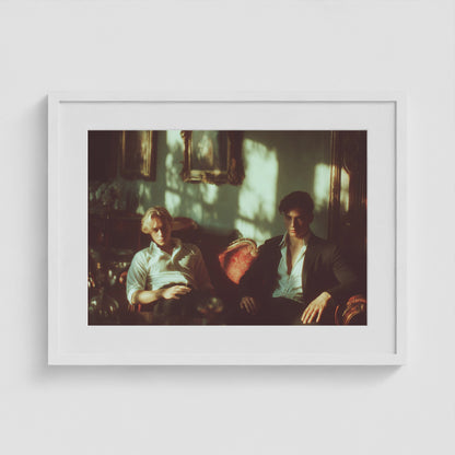 Lads on a Red Sofa 24x18 White Landscape Box Frame