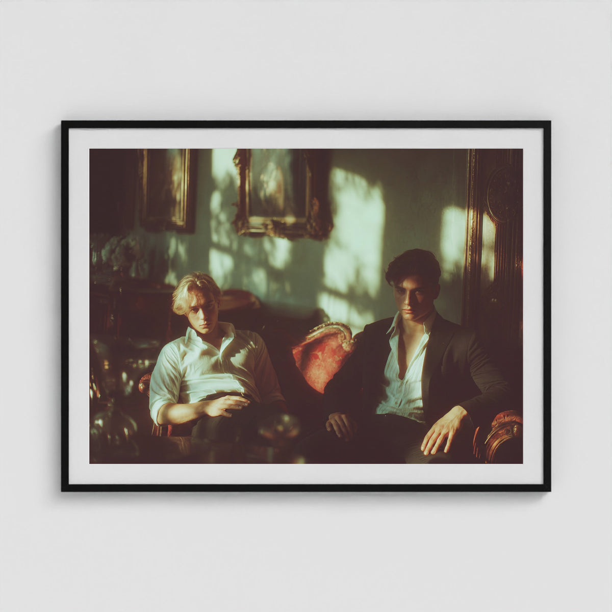 Lads on a Red Sofa 48x36 Black Landscape Box Frame