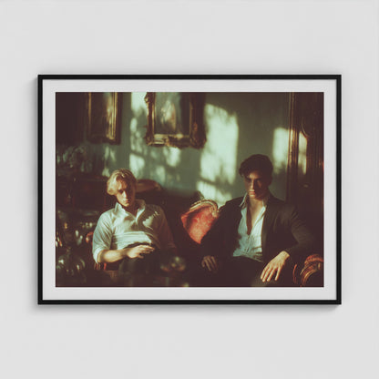 Lads on a Red Sofa 48x36 Black Landscape Box Frame