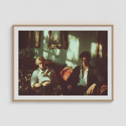 Lads on a Red Sofa 48x36 Natural Landscape Box Frame