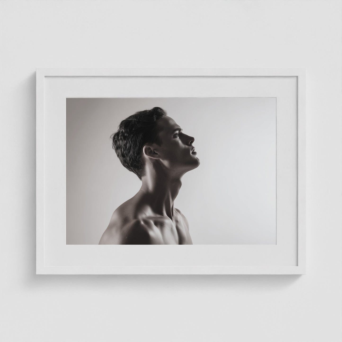 Male Profile in Grayscale 24x18 White Landscape Box Frame