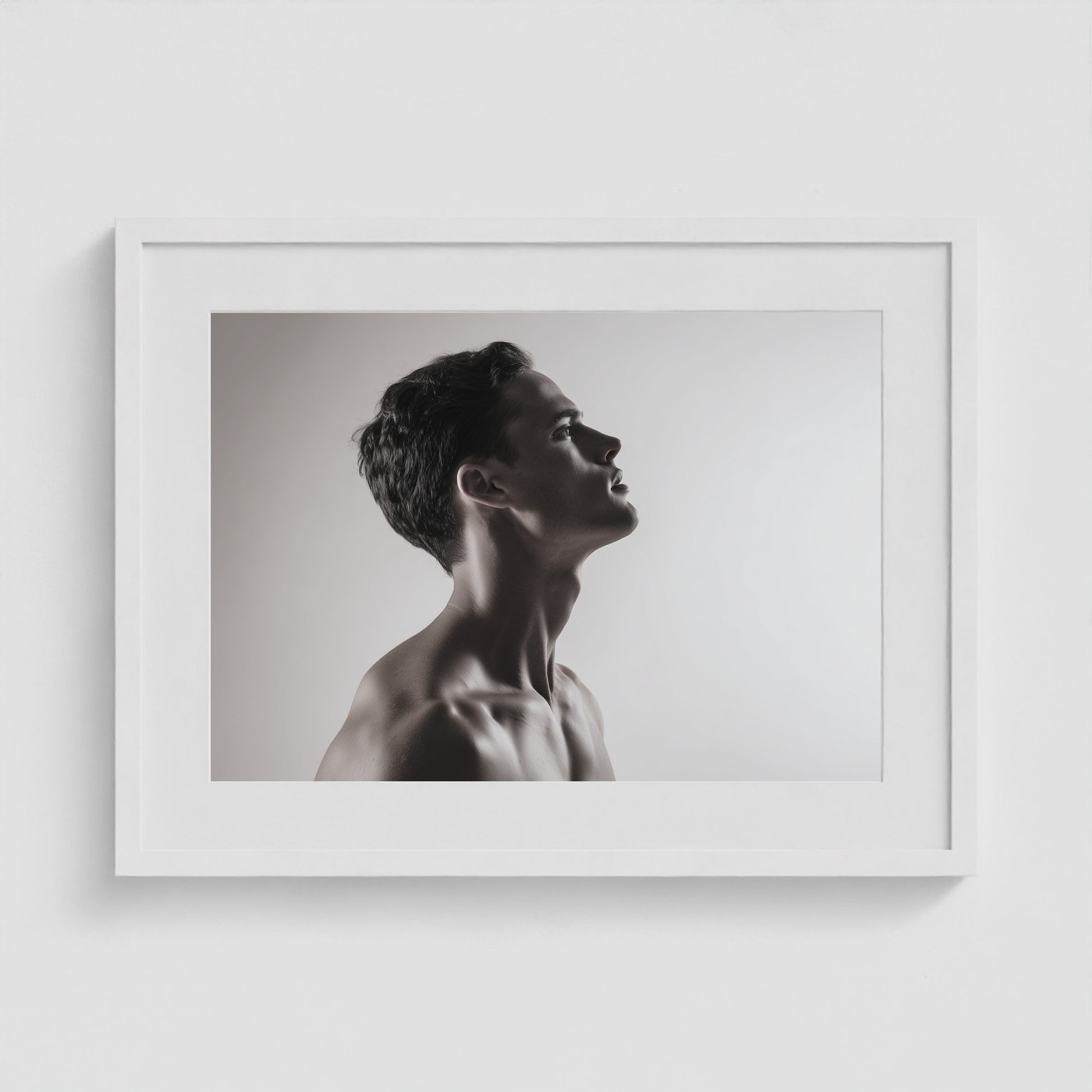 Male Profile in Grayscale 24x18 White Landscape Box Frame