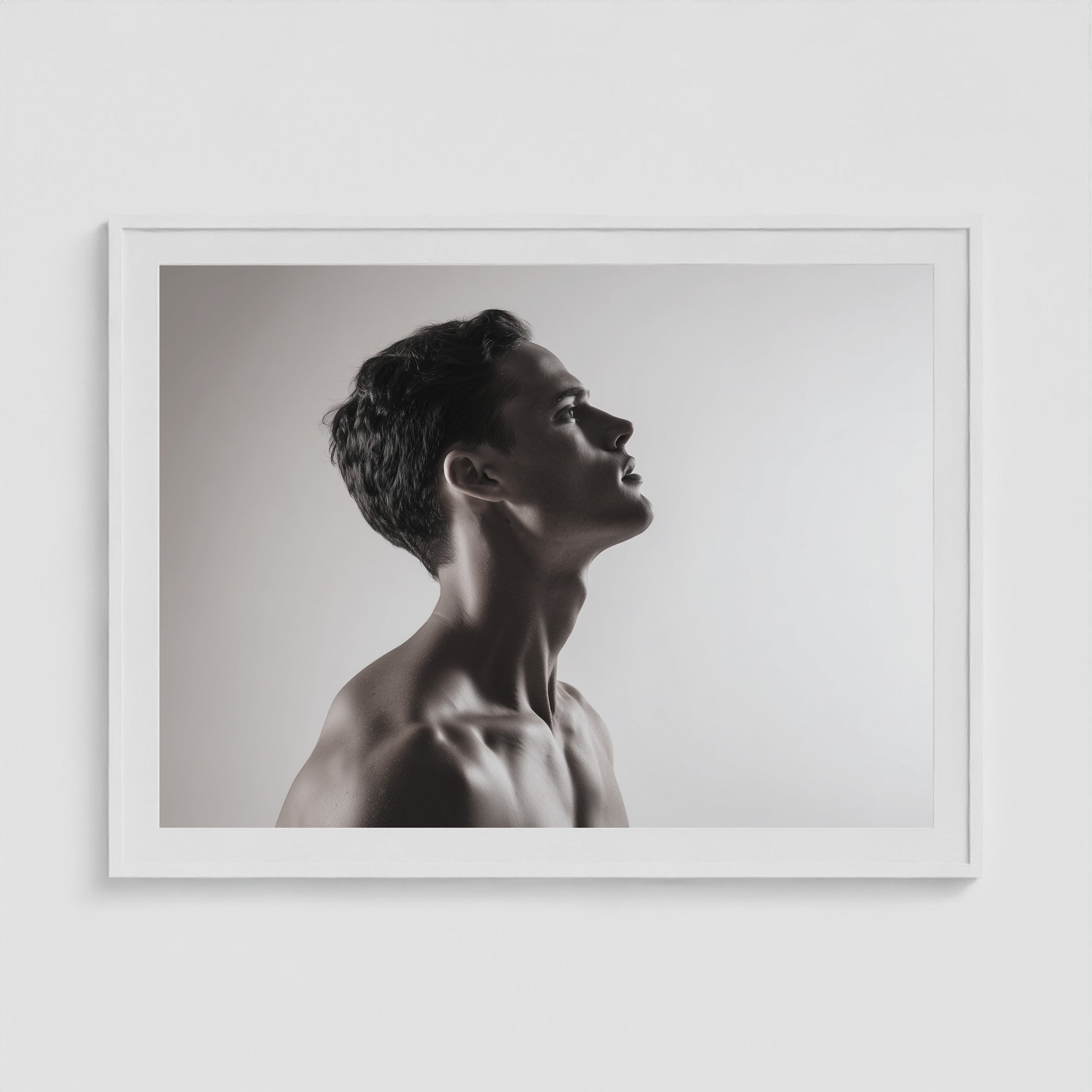 Male Profile in Grayscale 48x36 White Landscape Box Frame