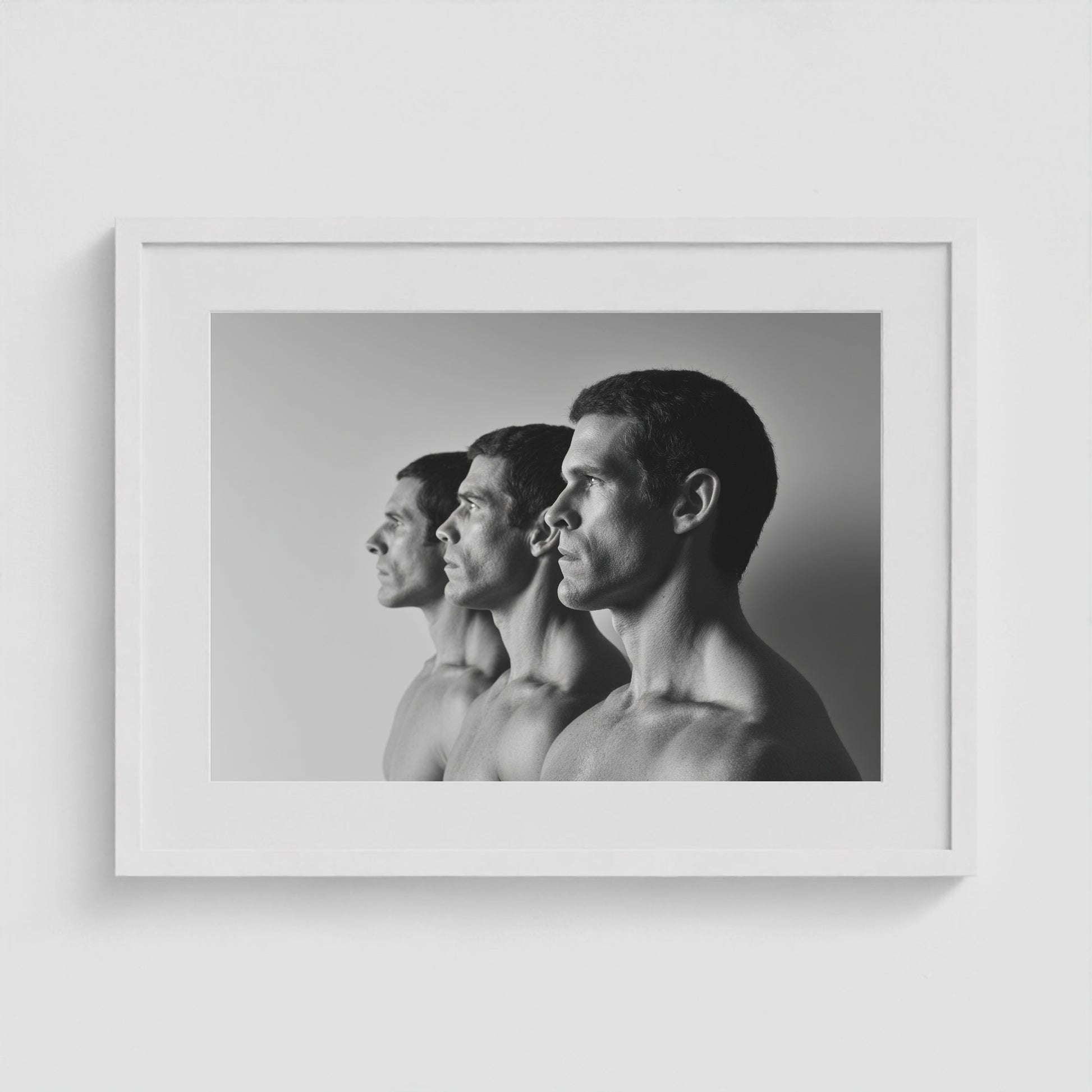 Male Profiles in Grayscale 24x18 White Landscape Box Frame