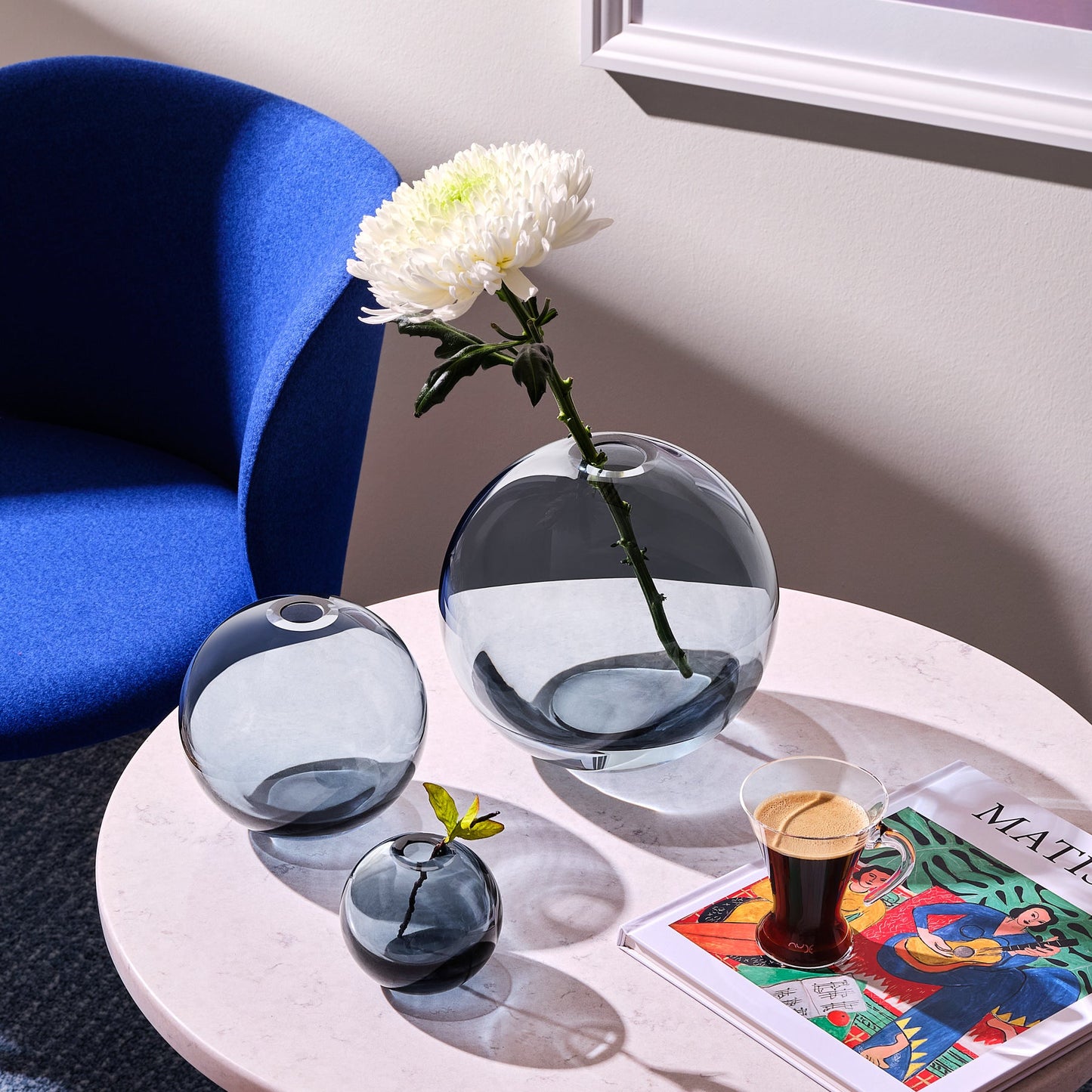 Lifestyle view of Mars Vase Small Steel Blue Barware | Provenance & Patina