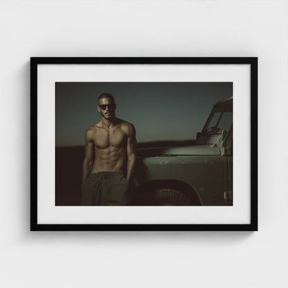 Masculine Land Rover Portrait in Olive Green Tones 24x18 Black Landscape Mockup