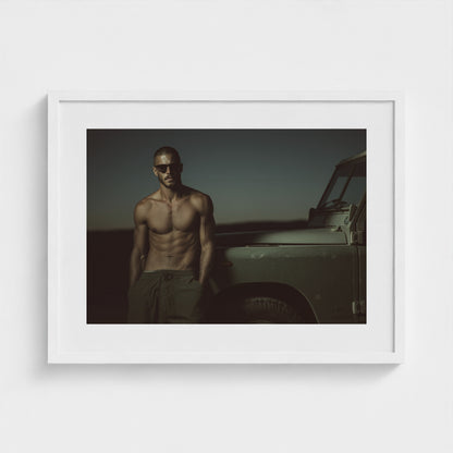 Masculine Land Rover Portrait in Olive Green Tones 24x18 White Landscape Mockup
